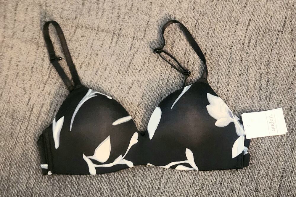 NWT. Women's Auden: The Bliss Bra. Black/White Flowered. 34A